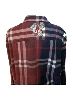 Upcycled Distressed Flannel with "Ren & Stimpy" Embroidered Patch 2XL